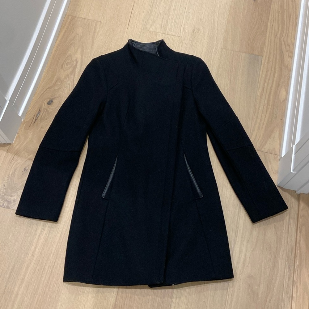 Wool coat w faux leather accents